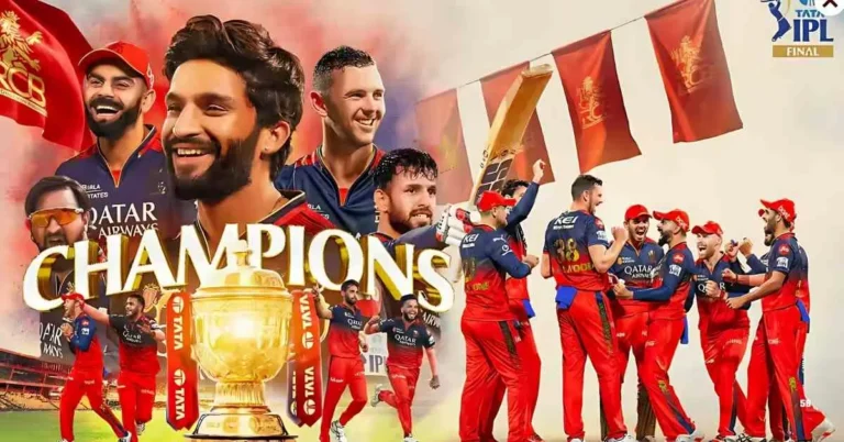 Virat Kohli lifts the IPL 2025 trophy surrounded by jubilant RCB teammates after a historic win over Punjab Kings in Ahmedabad.
